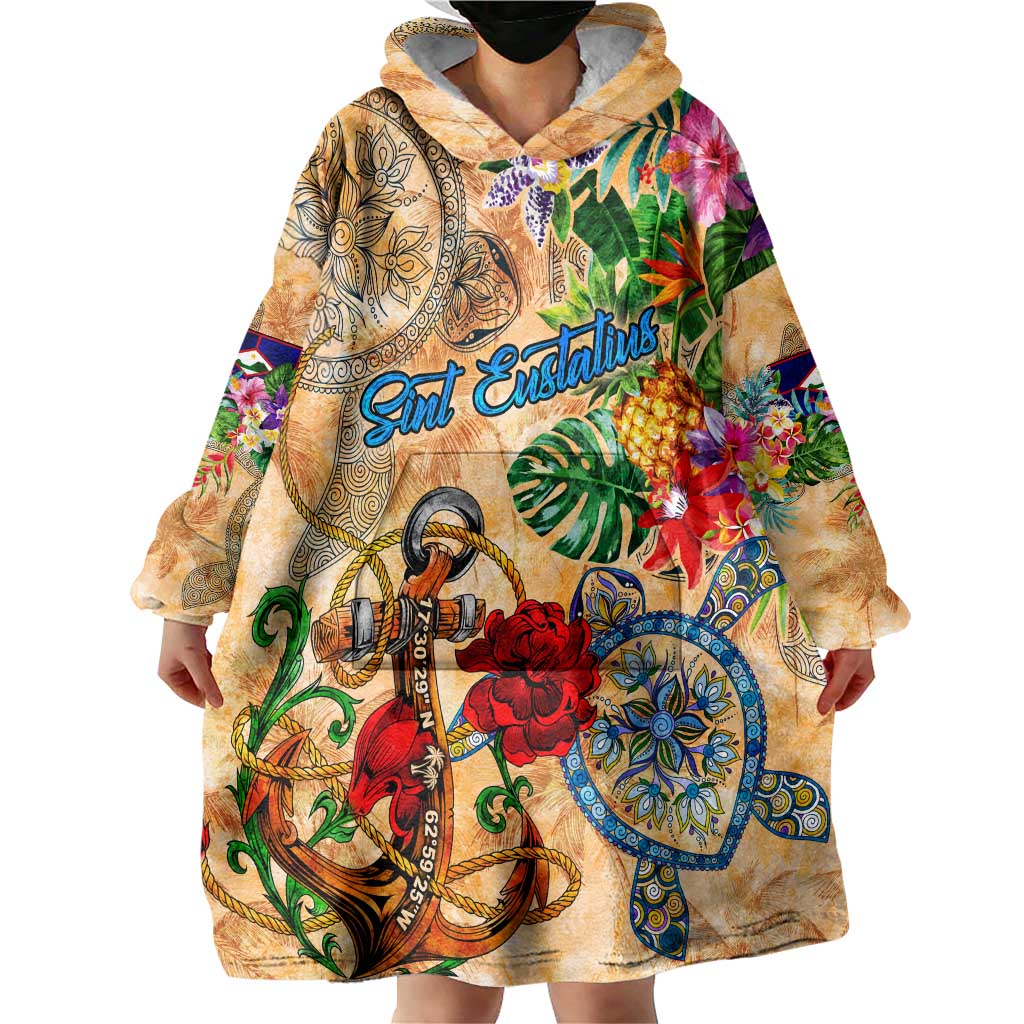 Sint Eustatius Wearable Blanket Hoodie Geographic Coordinate Anchor - Turlte Tropical