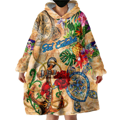 Sint Eustatius Wearable Blanket Hoodie Geographic Coordinate Anchor - Turlte Tropical
