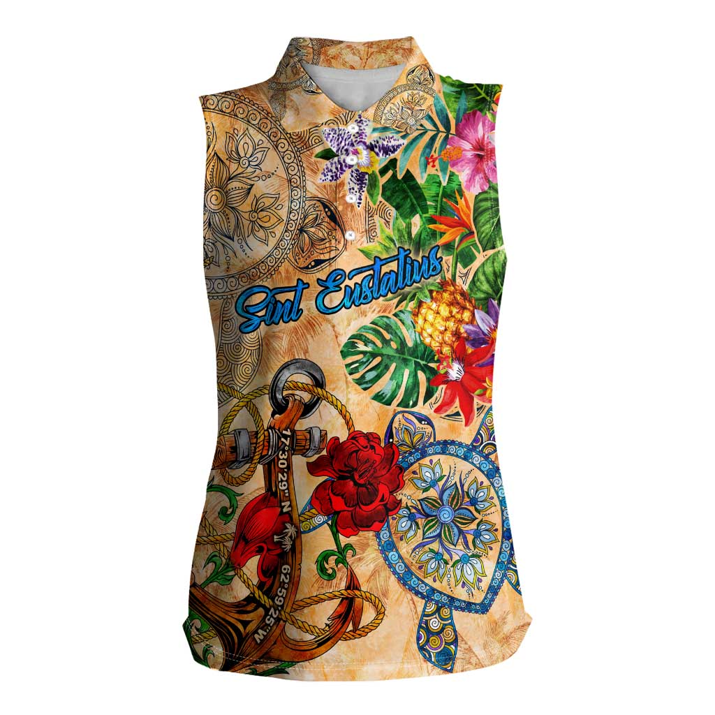 Sint Eustatius Women Sleeveless Polo Shirt Geographic Coordinate Anchor - Turlte Tropical