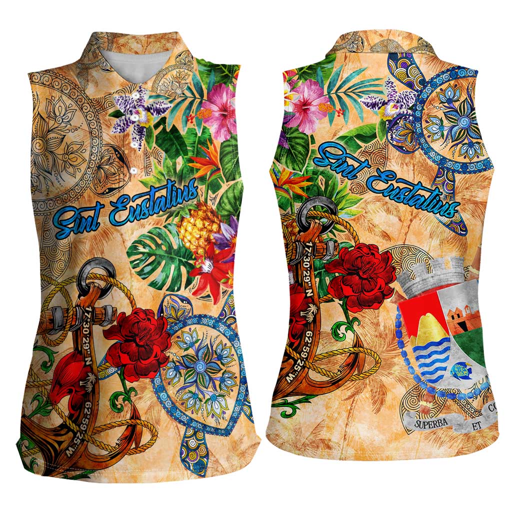 Sint Eustatius Women Sleeveless Polo Shirt Geographic Coordinate Anchor - Turlte Tropical