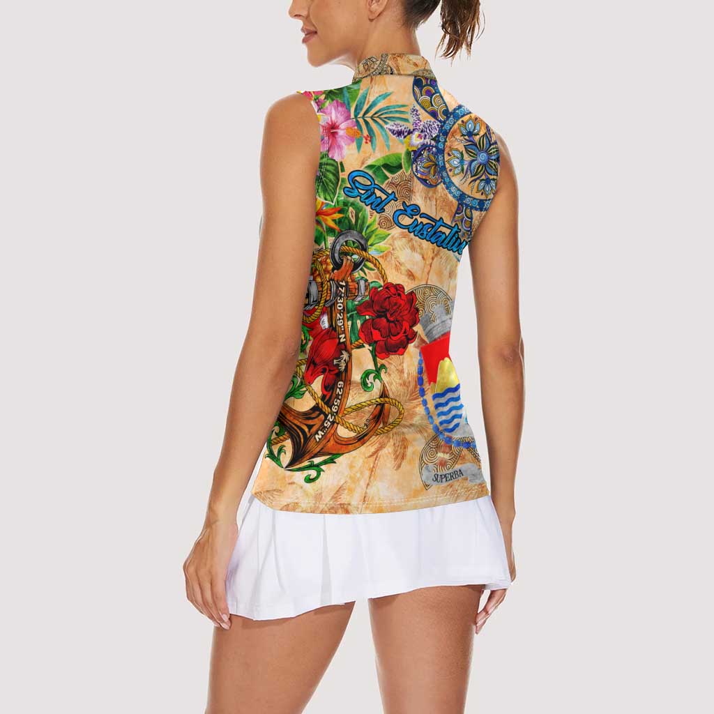 Sint Eustatius Women Sleeveless Polo Shirt Geographic Coordinate Anchor - Turlte Tropical