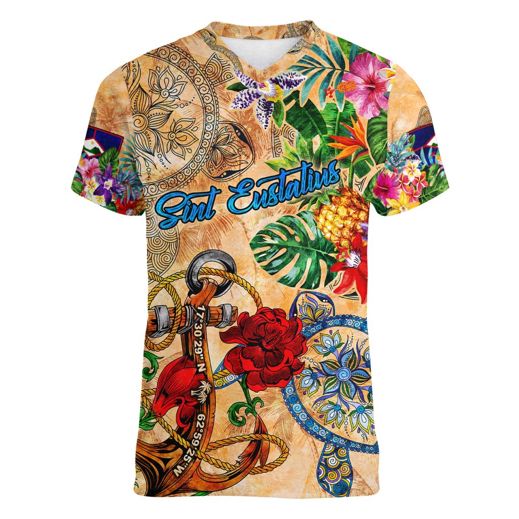 Sint Eustatius Women V-Neck T-Shirt Geographic Coordinate Anchor - Turlte Tropical