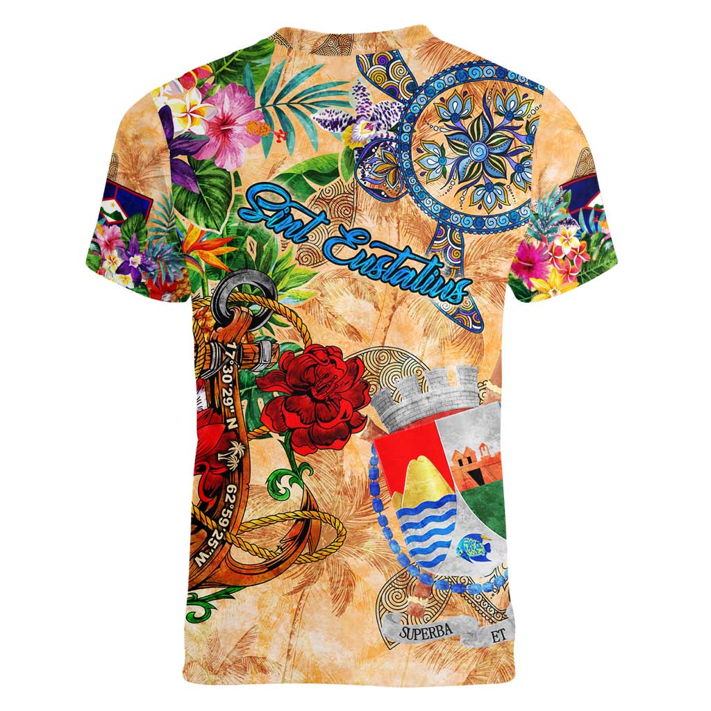 Sint Eustatius Women V-Neck T-Shirt Geographic Coordinate Anchor - Turlte Tropical