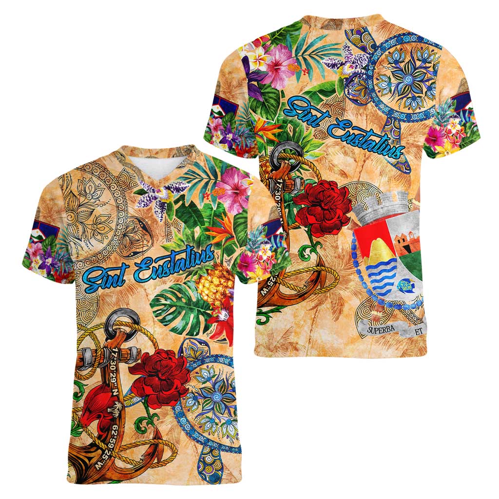 Sint Eustatius Women V-Neck T-Shirt Geographic Coordinate Anchor - Turlte Tropical