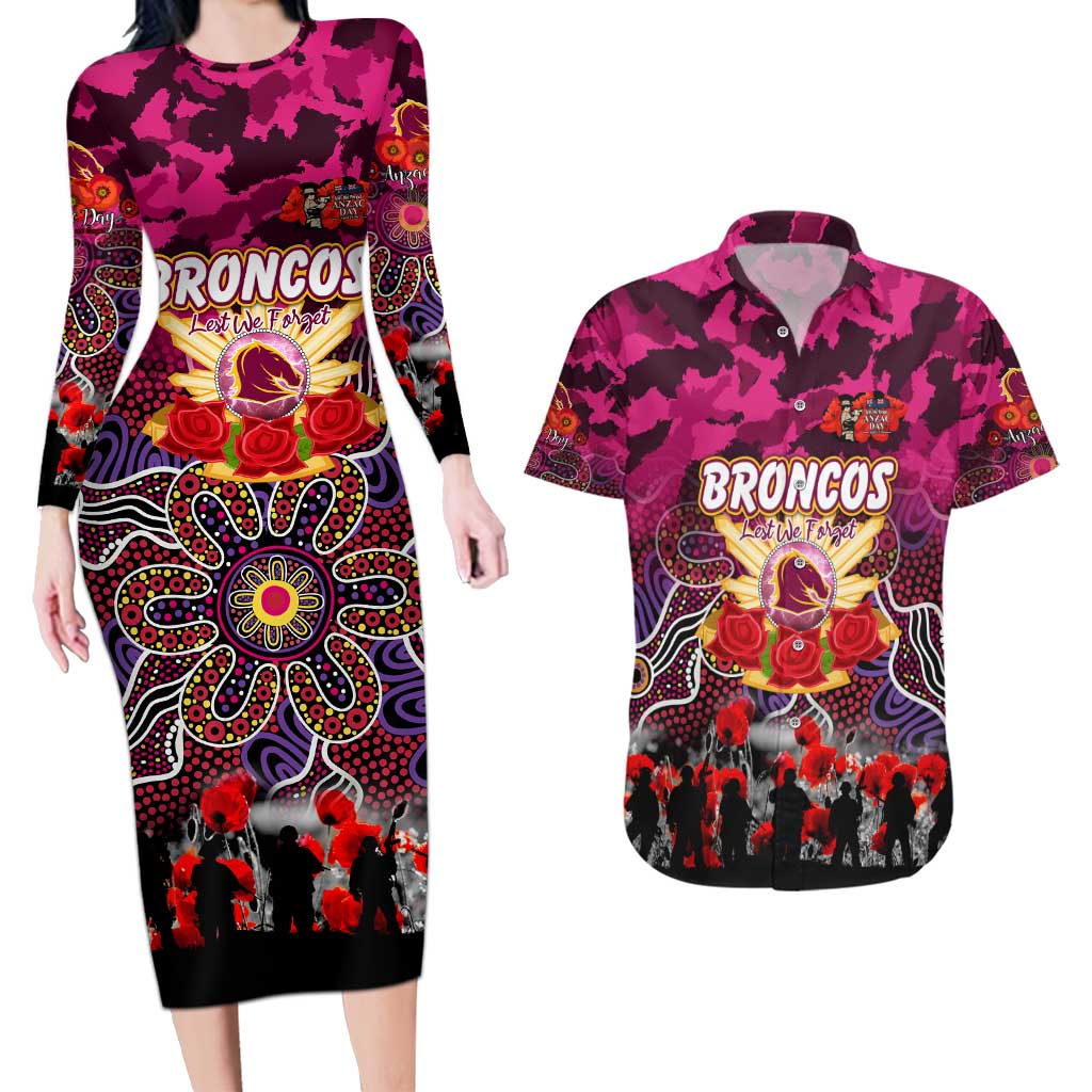 Personalized Broncos ANZAC Day Couples Matching Long Sleeve Bodycon Dress and Hawaiian Shirt Australian Army - Lest We Forget