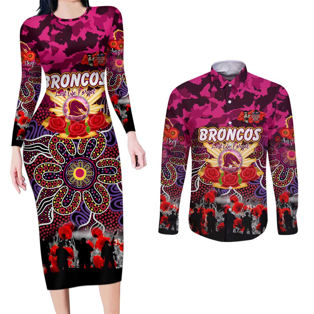 Personalized Broncos ANZAC Day Couples Matching Long Sleeve Bodycon Dress and Long Sleeve Button Shirt Australian Army - Lest We Forget