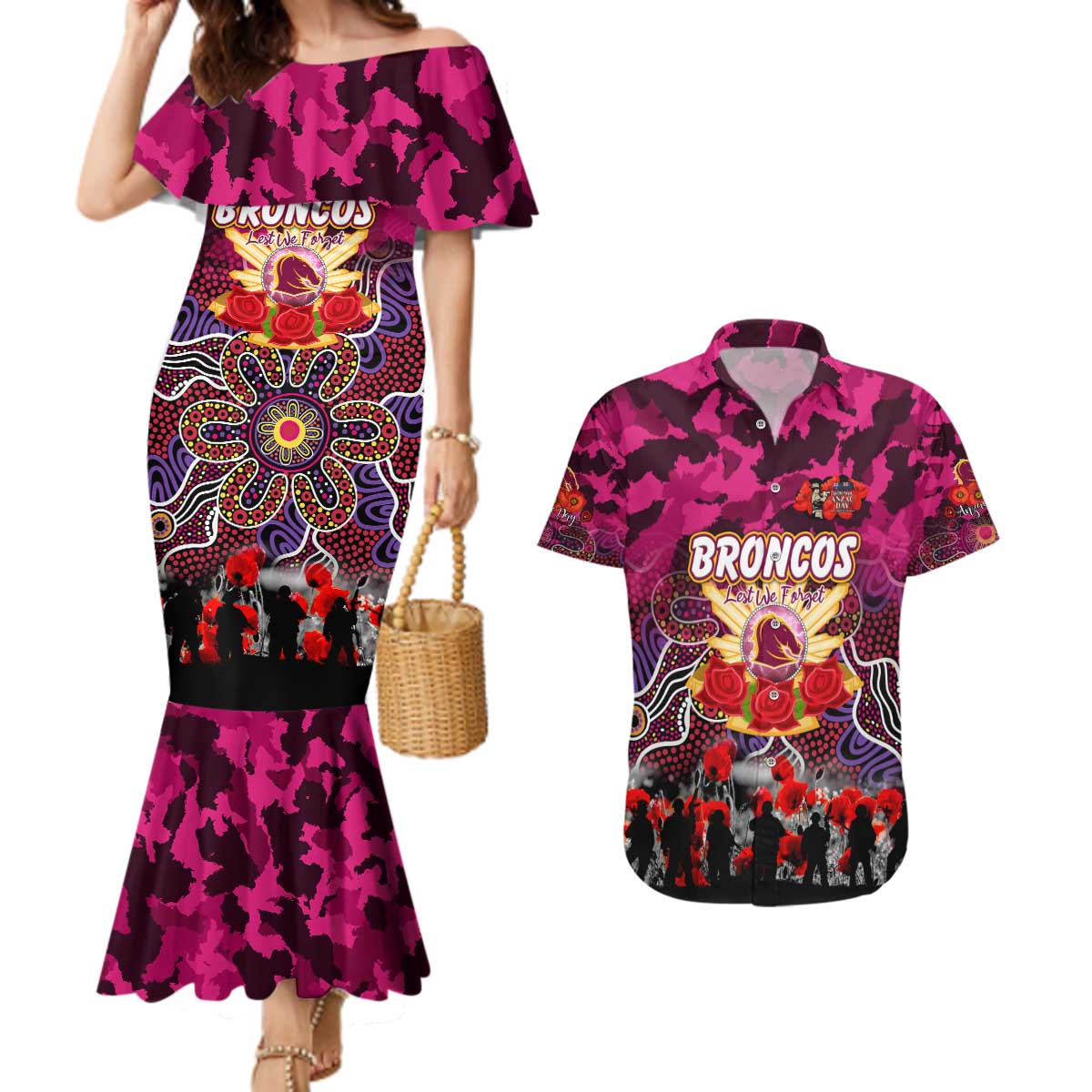 Personalized Broncos ANZAC Day Couples Matching Mermaid Dress and Hawaiian Shirt Australian Army - Lest We Forget