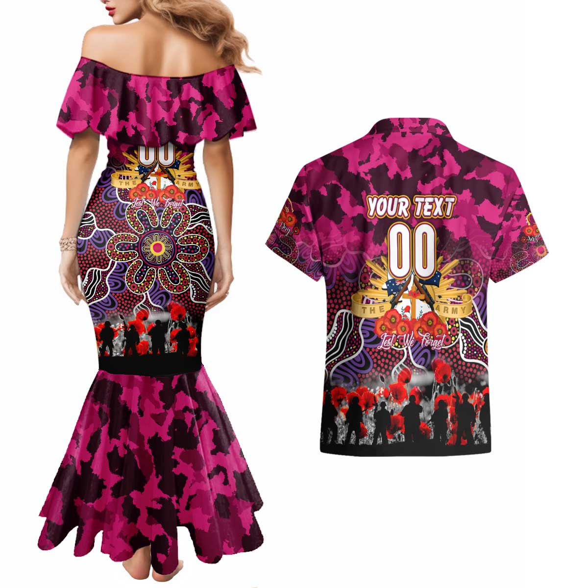 Personalized Broncos ANZAC Day Couples Matching Mermaid Dress and Hawaiian Shirt Australian Army - Lest We Forget