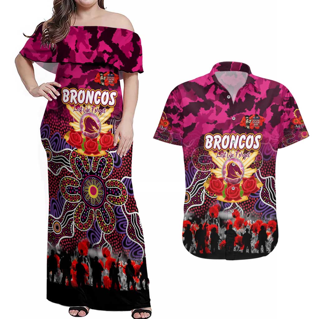Personalized Broncos ANZAC Day Couples Matching Off Shoulder Maxi Dress and Hawaiian Shirt Australian Army - Lest We Forget