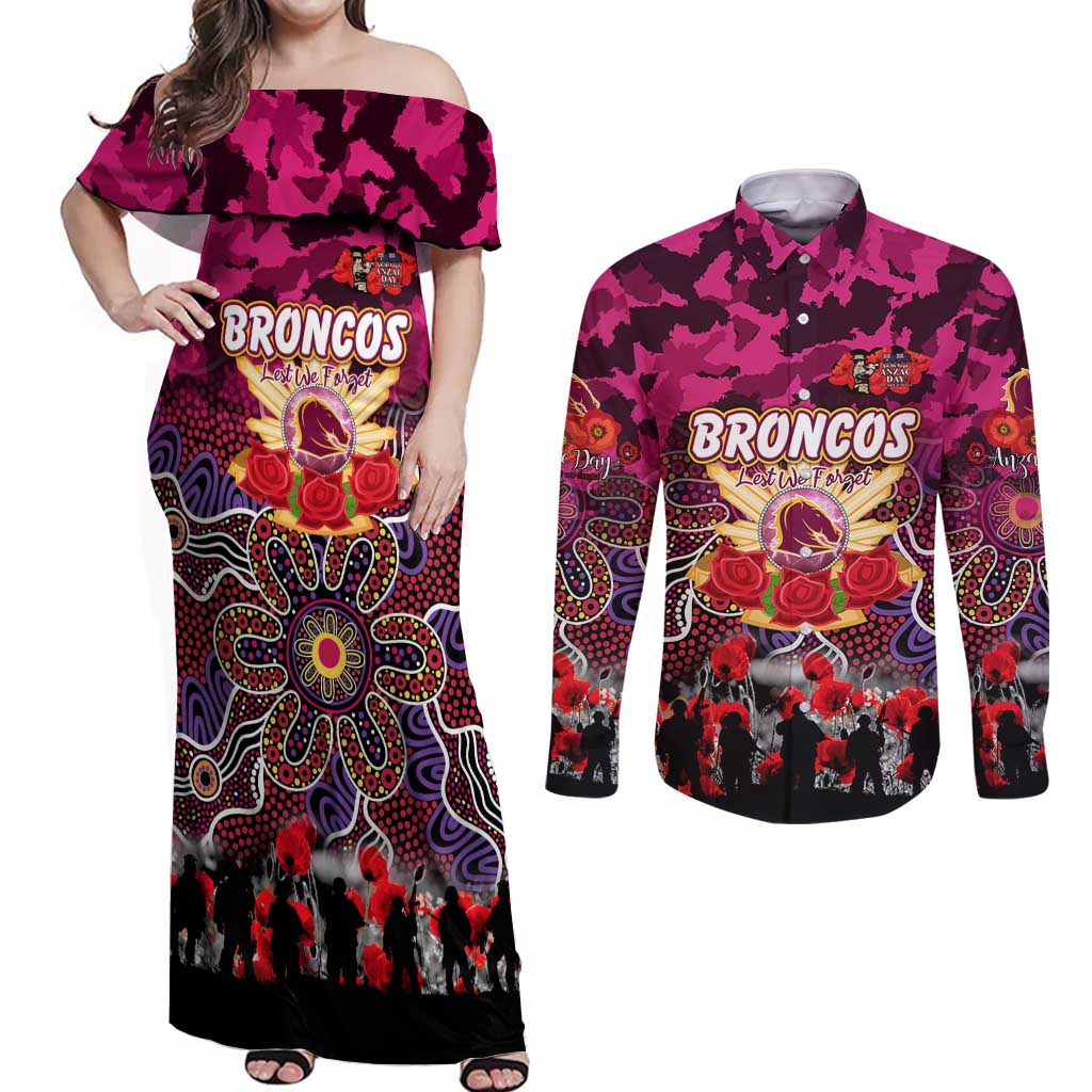 Personalized Broncos ANZAC Day Couples Matching Off Shoulder Maxi Dress and Long Sleeve Button Shirt Australian Army - Lest We Forget