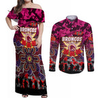 Personalized Broncos ANZAC Day Couples Matching Off Shoulder Maxi Dress and Long Sleeve Button Shirt Australian Army - Lest We Forget