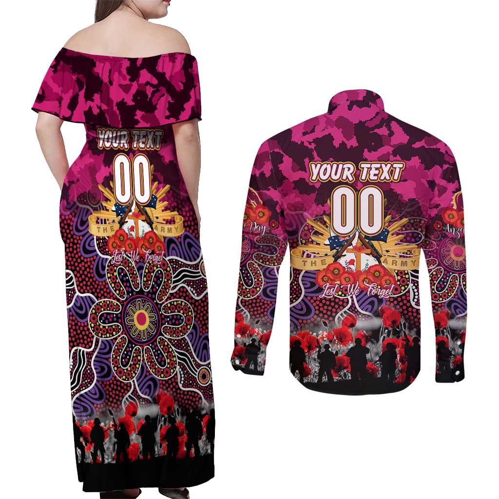 Personalized Broncos ANZAC Day Couples Matching Off Shoulder Maxi Dress and Long Sleeve Button Shirt Australian Army - Lest We Forget