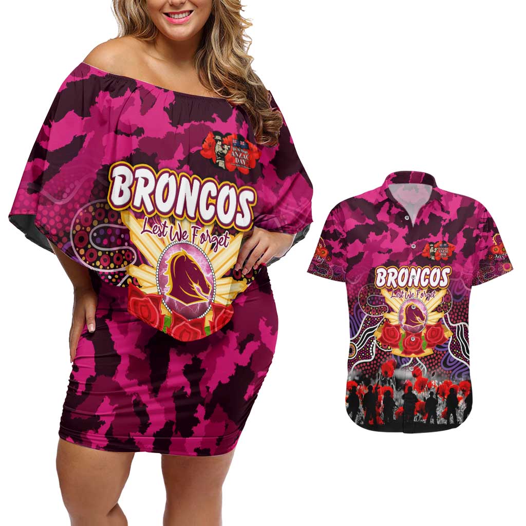 Personalized Broncos ANZAC Day Couples Matching Off Shoulder Short Dress and Hawaiian Shirt Australian Army - Lest We Forget
