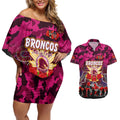 Personalized Broncos ANZAC Day Couples Matching Off Shoulder Short Dress and Hawaiian Shirt Australian Army - Lest We Forget