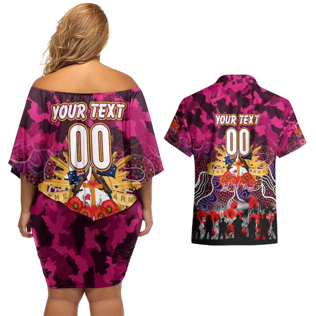 Personalized Broncos ANZAC Day Couples Matching Off Shoulder Short Dress and Hawaiian Shirt Australian Army - Lest We Forget