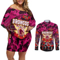 Personalized Broncos ANZAC Day Couples Matching Off Shoulder Short Dress and Long Sleeve Button Shirt Australian Army - Lest We Forget