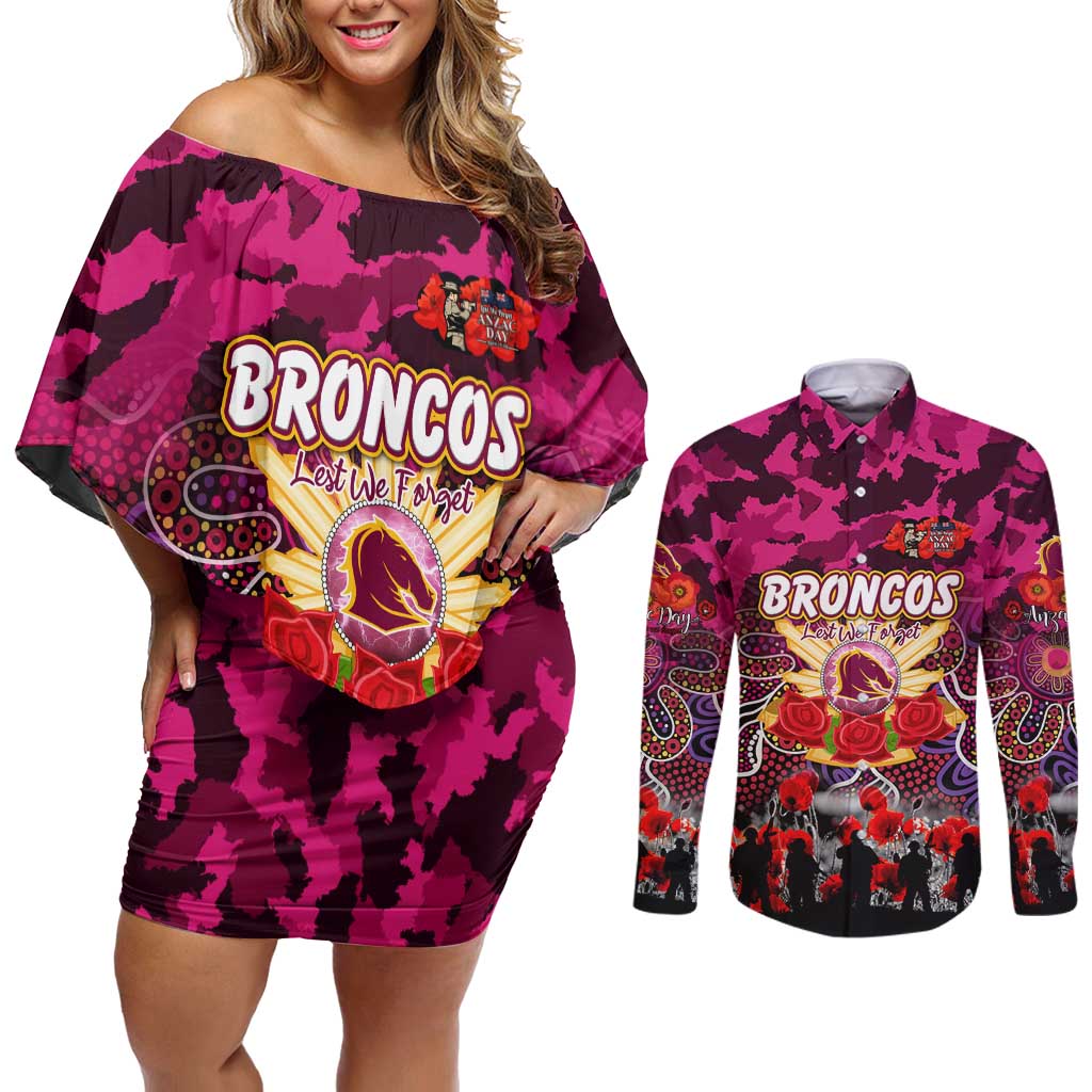 Personalized Broncos ANZAC Day Couples Matching Off Shoulder Short Dress and Long Sleeve Button Shirt Australian Army - Lest We Forget