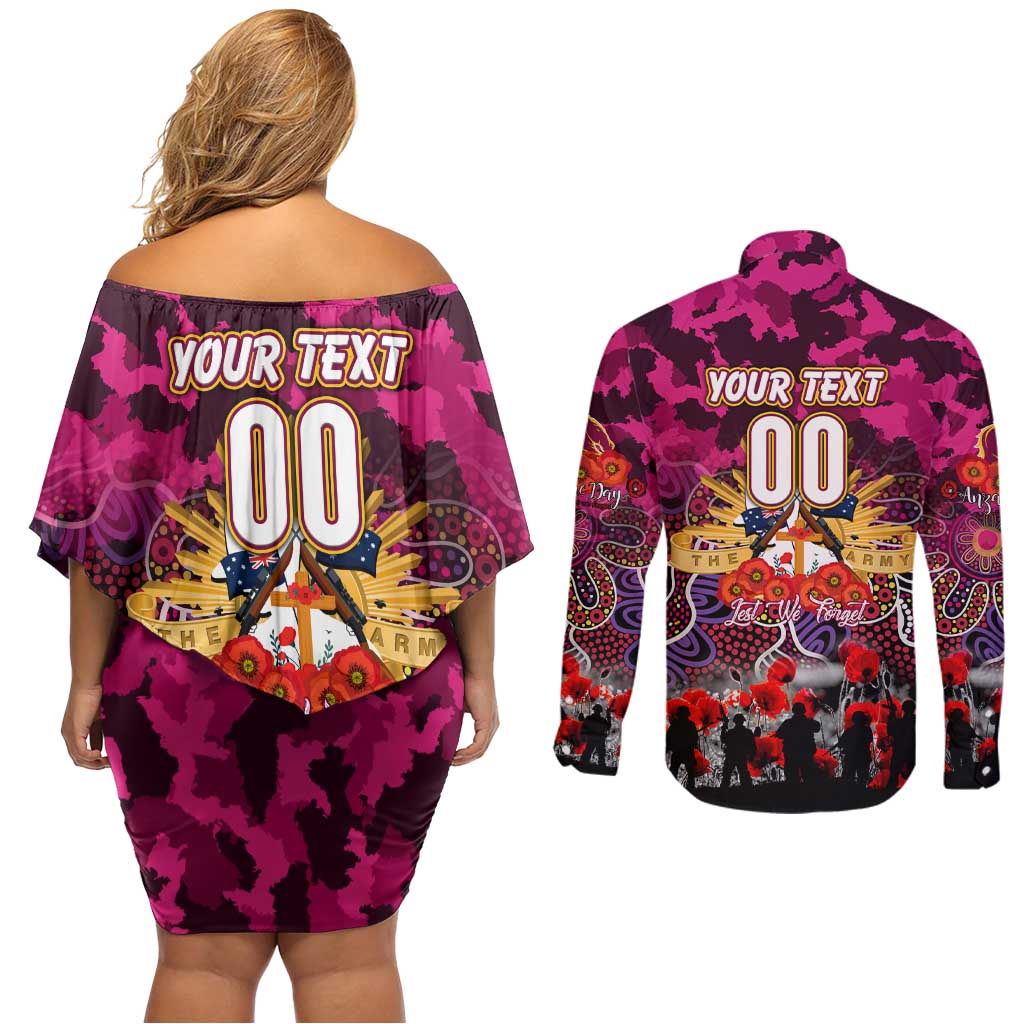 Personalized Broncos ANZAC Day Couples Matching Off Shoulder Short Dress and Long Sleeve Button Shirt Australian Army - Lest We Forget