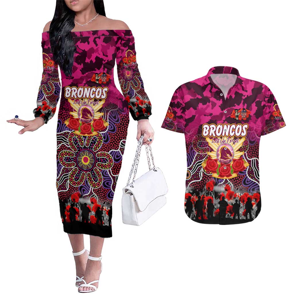 Personalized Broncos ANZAC Day Couples Matching Off The Shoulder Long Sleeve Dress and Hawaiian Shirt Australian Army - Lest We Forget