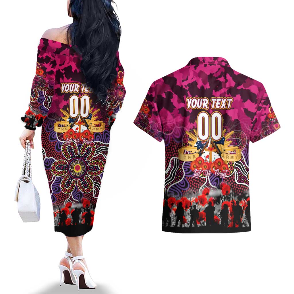 Personalized Broncos ANZAC Day Couples Matching Off The Shoulder Long Sleeve Dress and Hawaiian Shirt Australian Army - Lest We Forget