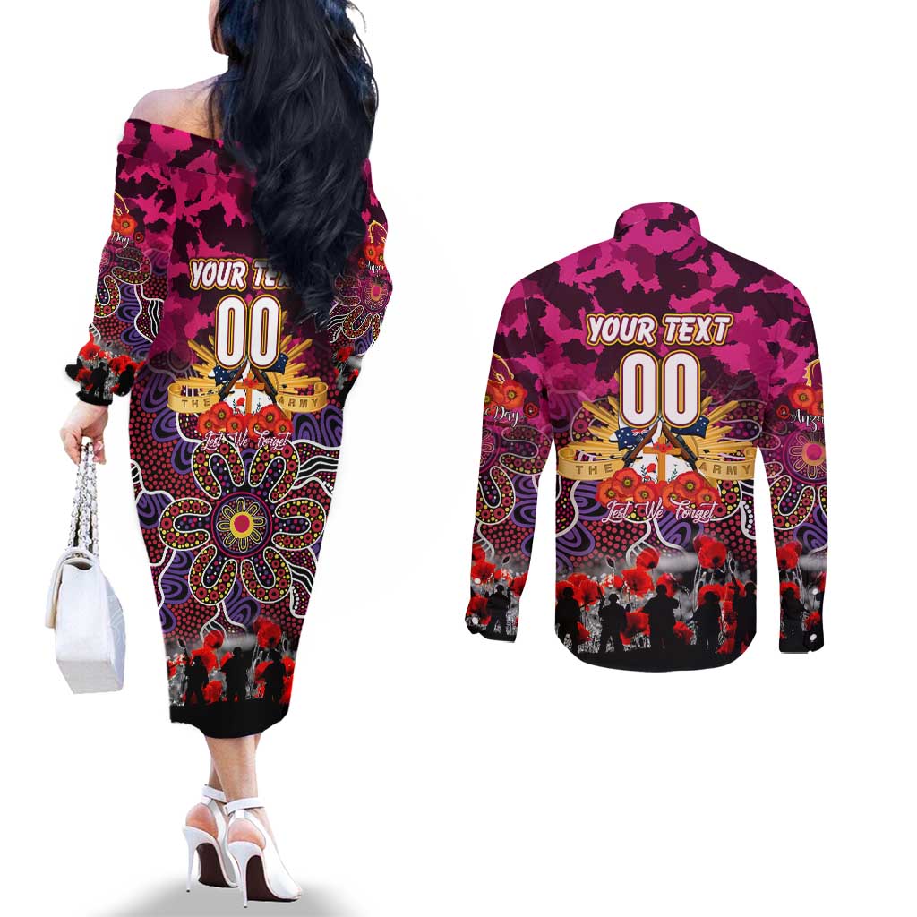 Personalized Broncos ANZAC Day Couples Matching Off The Shoulder Long Sleeve Dress and Long Sleeve Button Shirt Australian Army - Lest We Forget