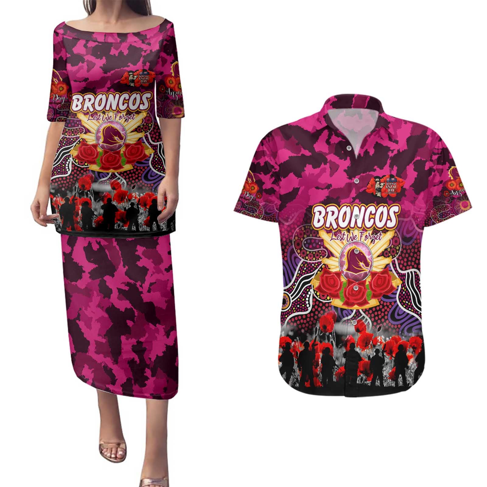 Personalized Broncos ANZAC Day Couples Matching Puletasi and Hawaiian Shirt Australian Army - Lest We Forget