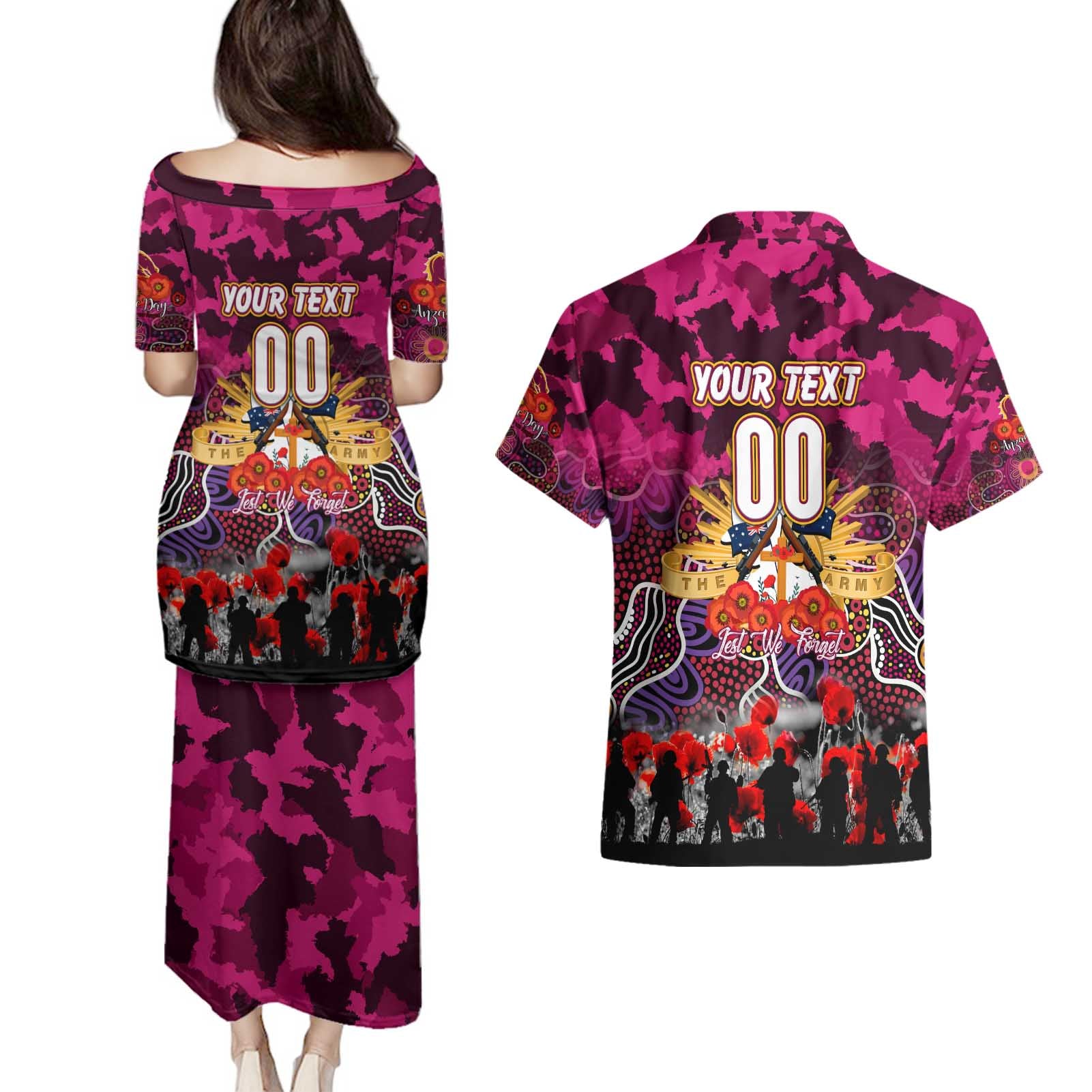 Personalized Broncos ANZAC Day Couples Matching Puletasi and Hawaiian Shirt Australian Army - Lest We Forget
