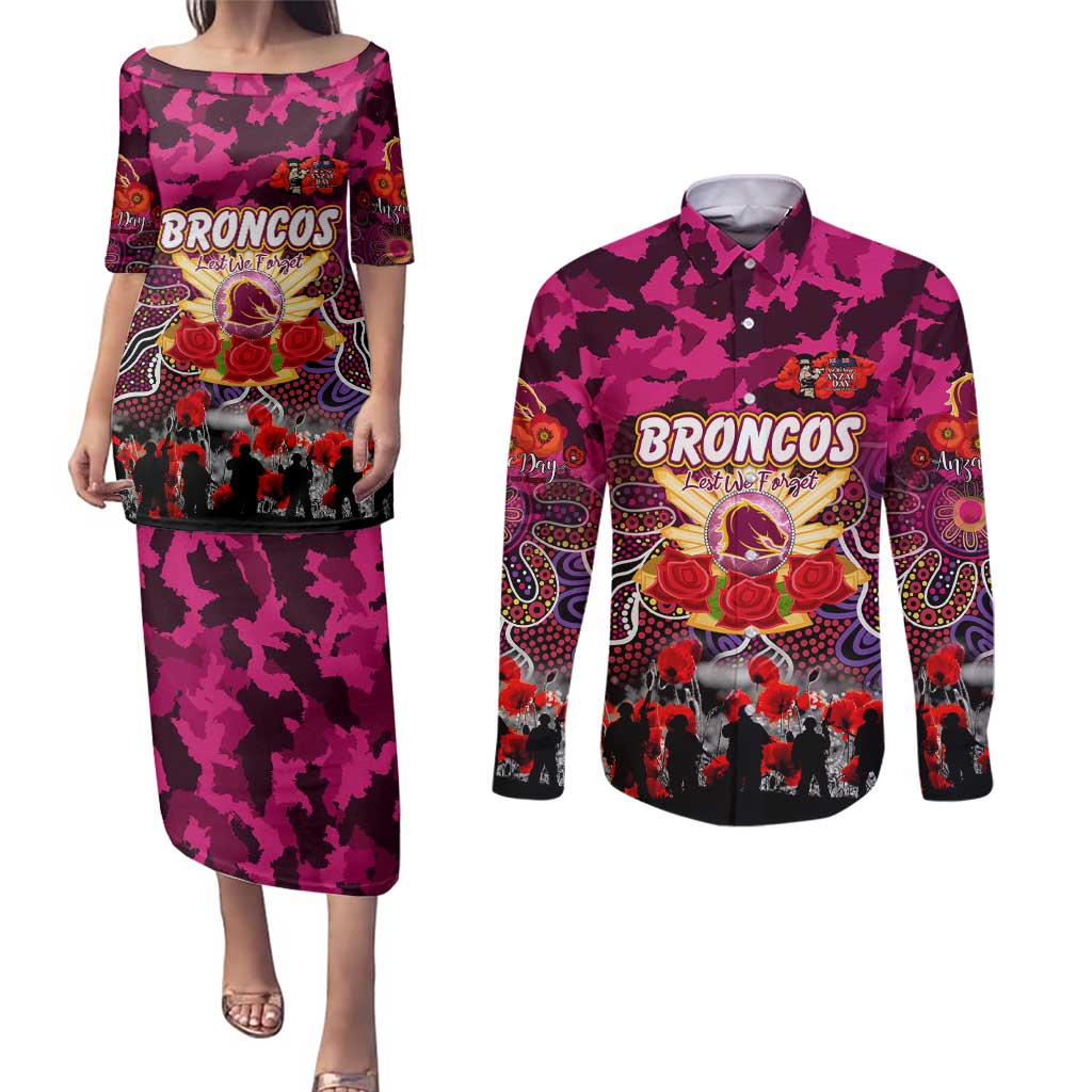 Personalized Broncos ANZAC Day Couples Matching Puletasi and Long Sleeve Button Shirt Australian Army - Lest We Forget