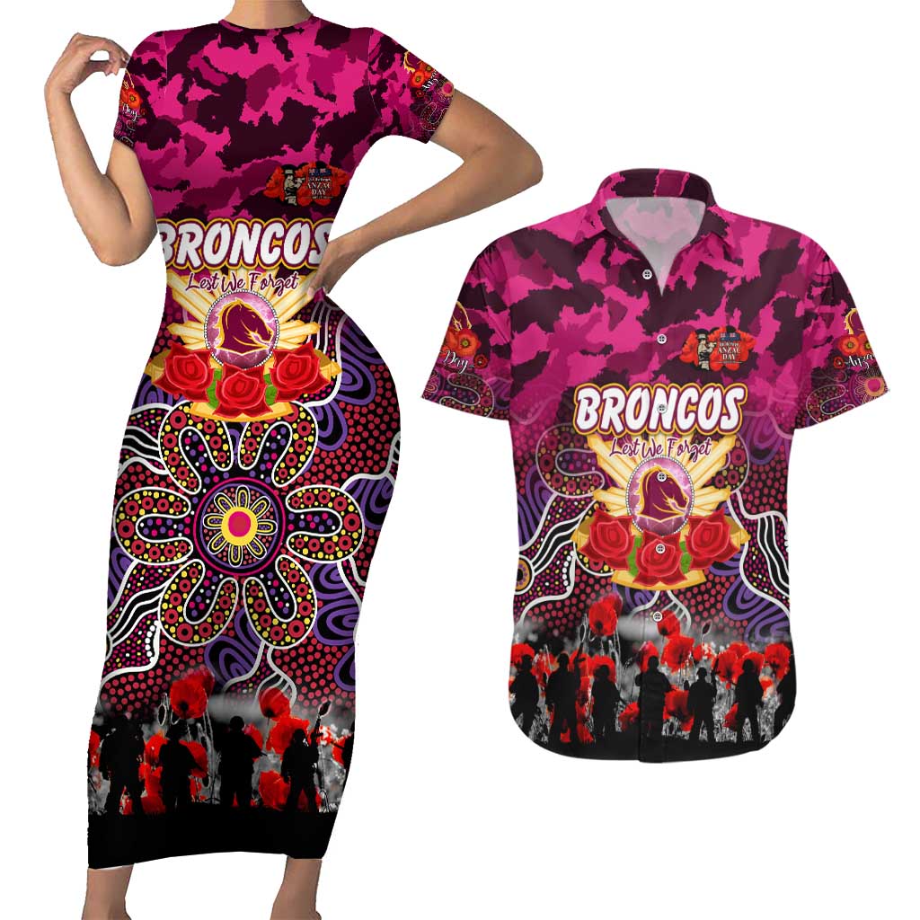 Personalized Broncos ANZAC Day Couples Matching Short Sleeve Bodycon Dress and Hawaiian Shirt Australian Army - Lest We Forget