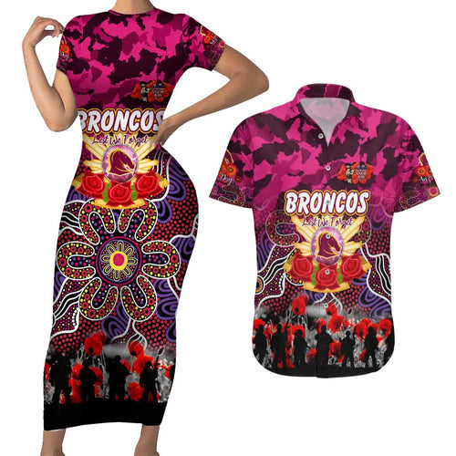 Personalized Broncos ANZAC Day Couples Matching Short Sleeve Bodycon Dress and Hawaiian Shirt Australian Army - Lest We Forget