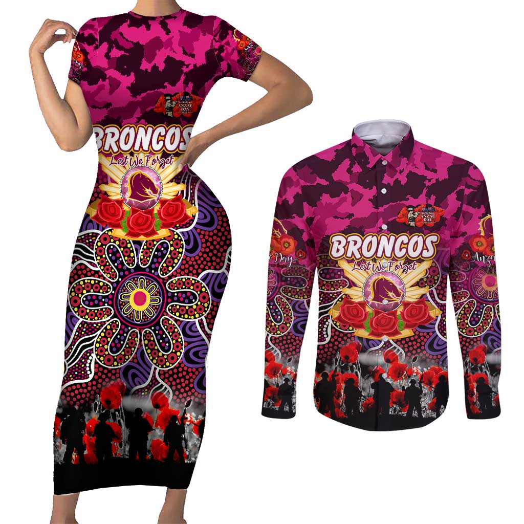 Personalized Broncos ANZAC Day Couples Matching Short Sleeve Bodycon Dress and Long Sleeve Button Shirt Australian Army - Lest We Forget