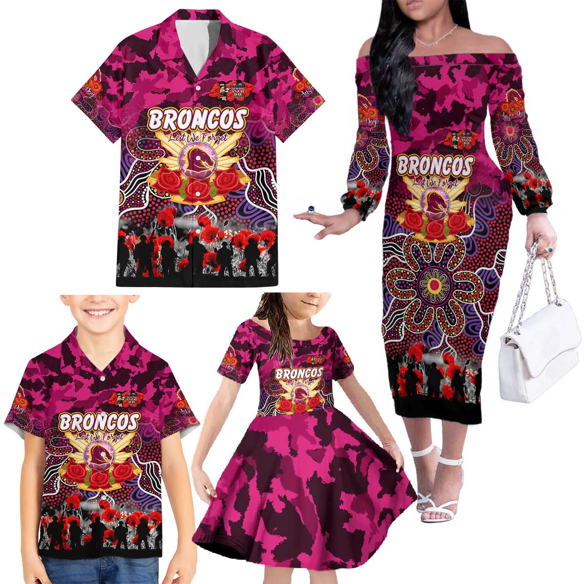Personalized Broncos ANZAC Day Family Matching Off The Shoulder Long Sleeve Dress and Hawaiian Shirt Australian Army - Lest We Forget
