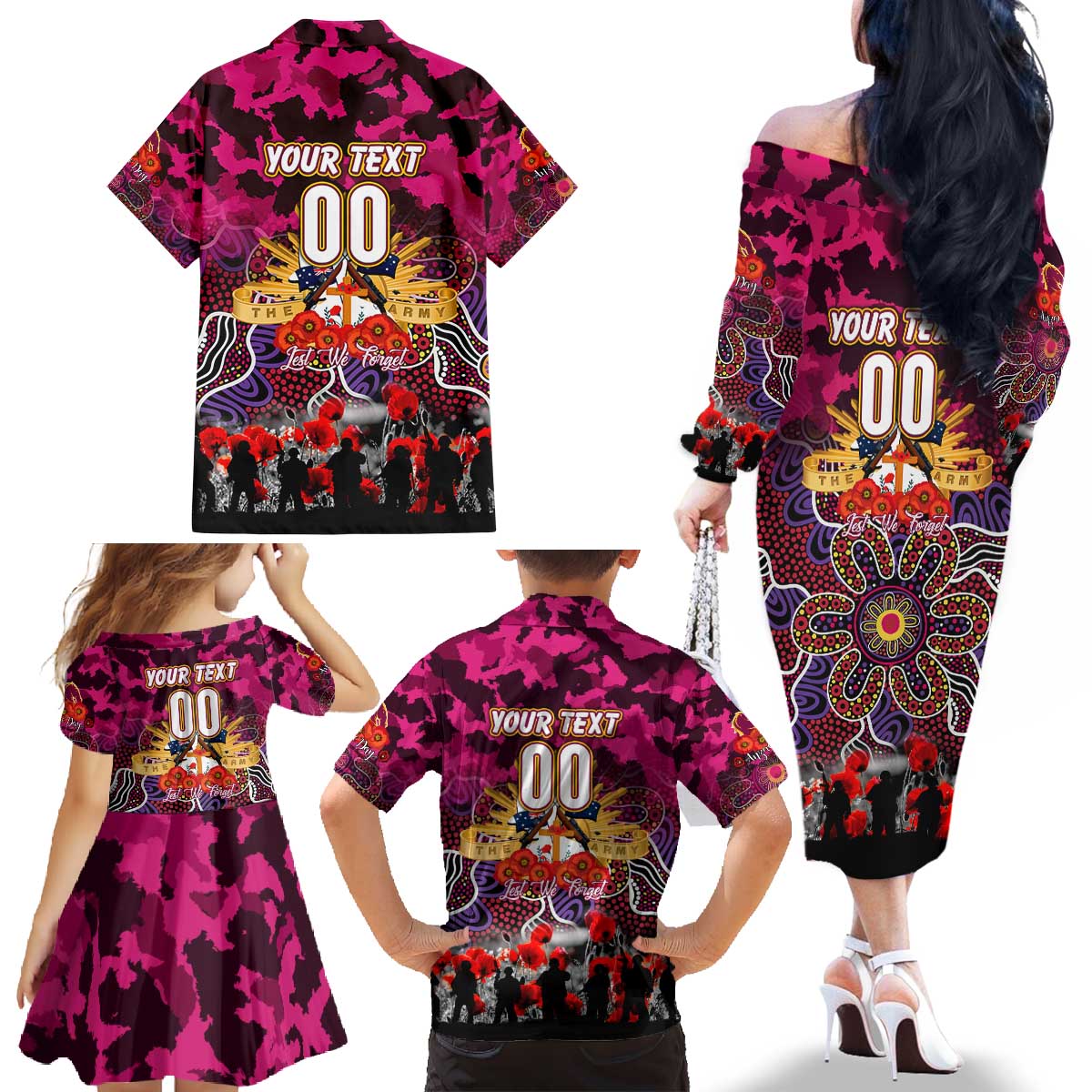Personalized Broncos ANZAC Day Family Matching Off The Shoulder Long Sleeve Dress and Hawaiian Shirt Australian Army - Lest We Forget