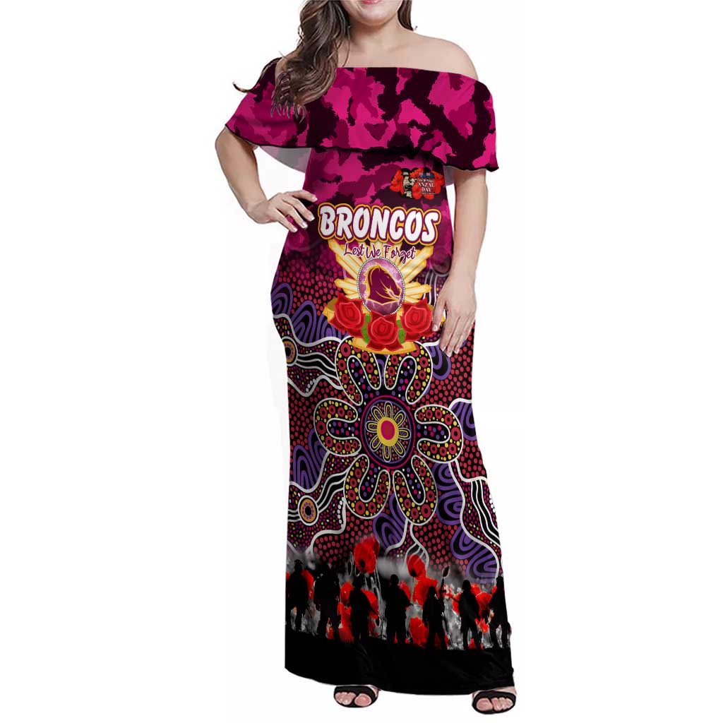Personalized Broncos ANZAC Day Family Matching Off Shoulder Maxi Dress and Hawaiian Shirt Australian Army - Lest We Forget