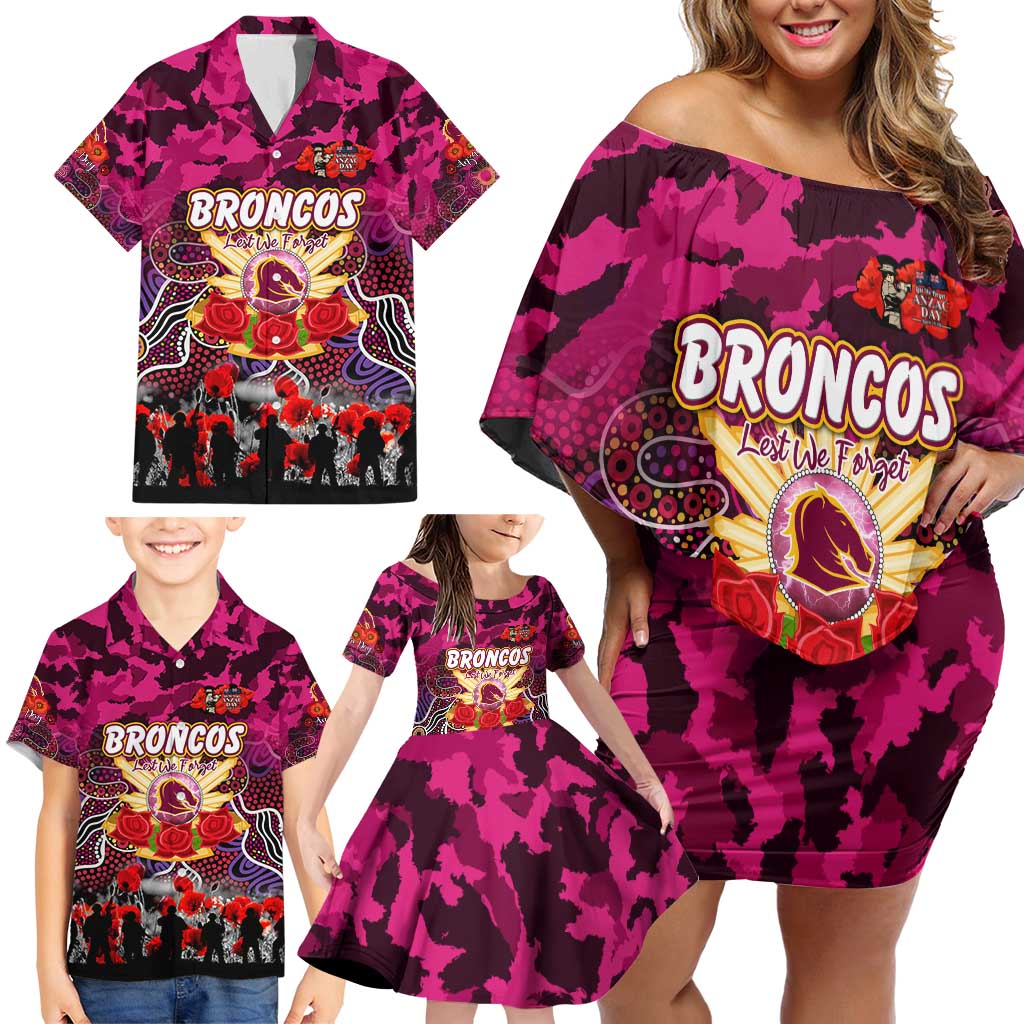 Personalized Broncos ANZAC Day Family Matching Off Shoulder Short Dress and Hawaiian Shirt Australian Army - Lest We Forget