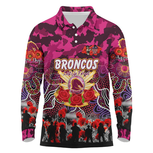Personalized Broncos ANZAC Day Long Sleeve Polo Shirt Australian Army - Lest We Forget