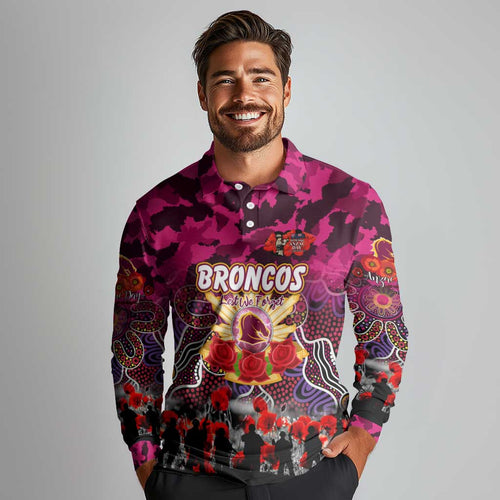 Personalized Broncos ANZAC Day Long Sleeve Polo Shirt Australian Army - Lest We Forget