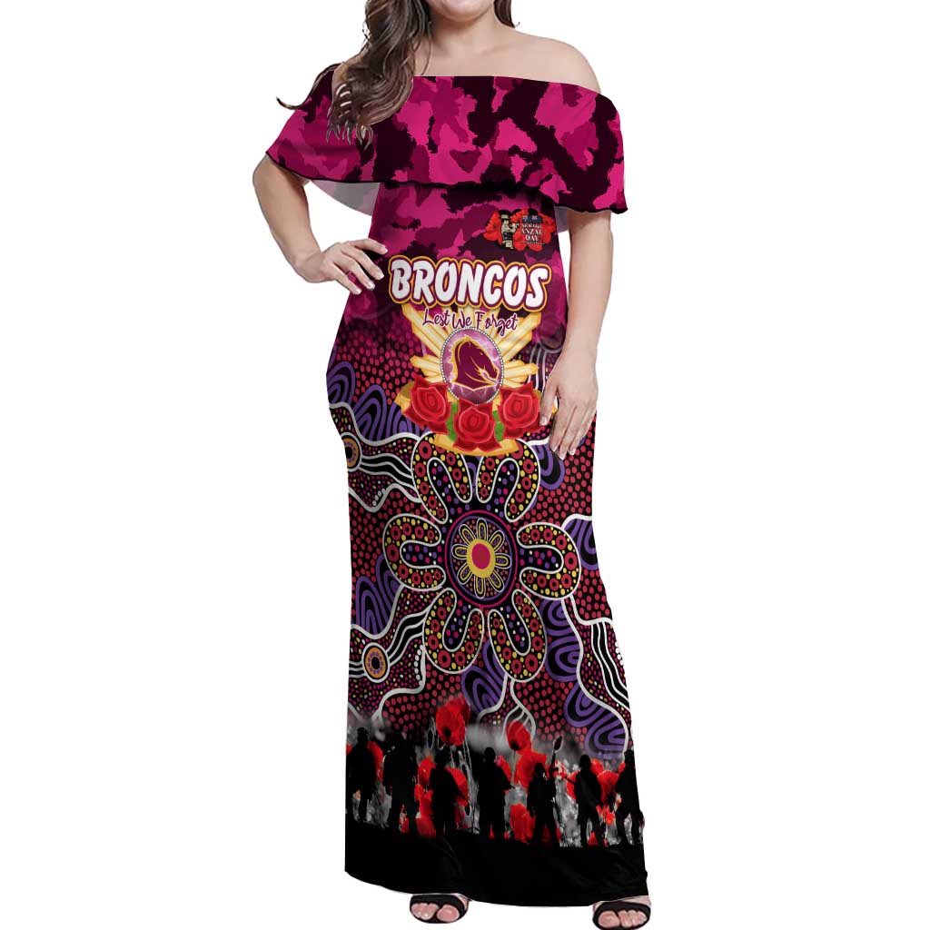 Personalized Broncos ANZAC Day Off Shoulder Maxi Dress Australian Army - Lest We Forget