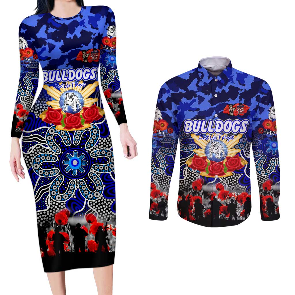 Personalized Bulldogs ANZAC Day Couples Matching Long Sleeve Bodycon Dress and Long Sleeve Button Shirt Australian Army - Lest We Forget