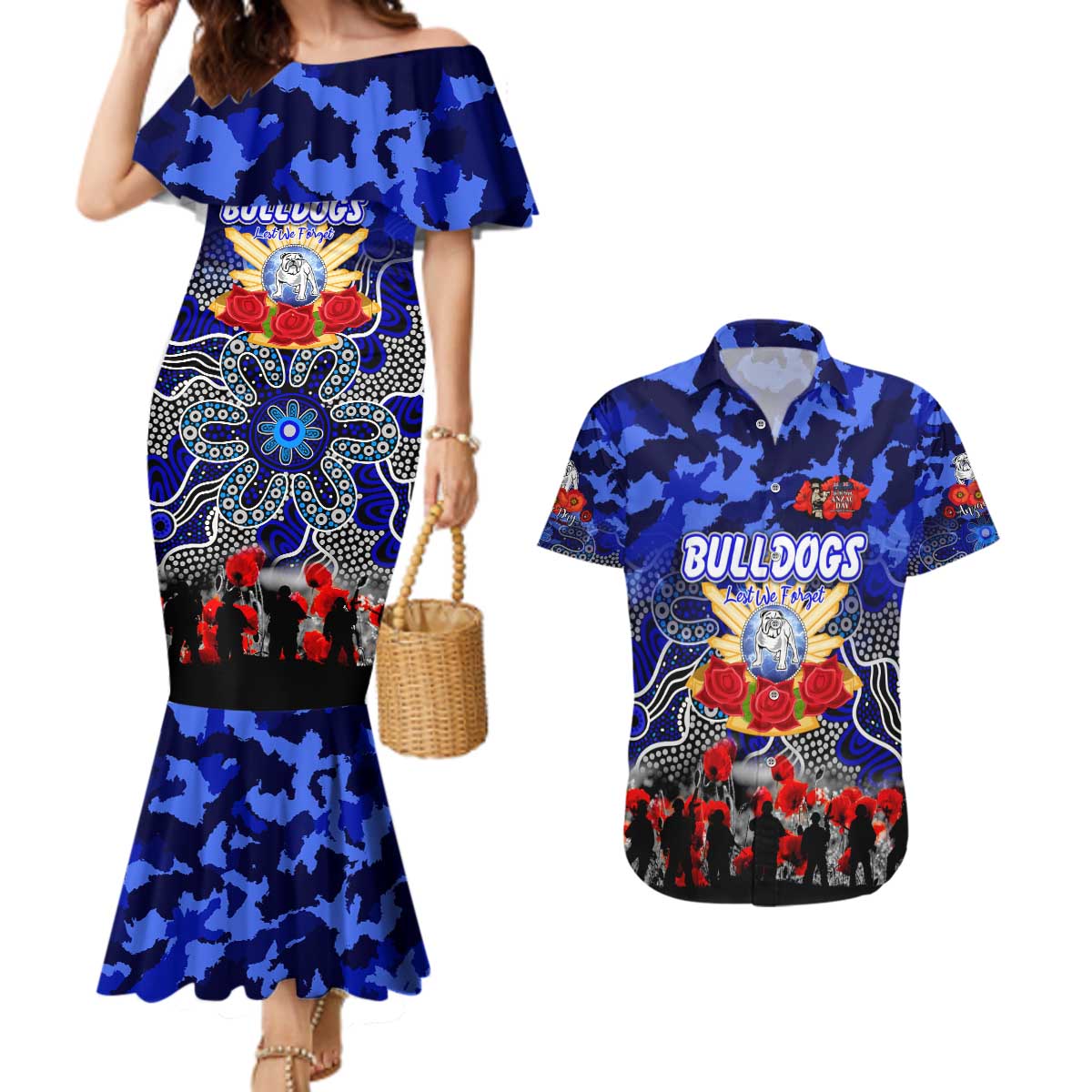 Personalized Bulldogs ANZAC Day Couples Matching Mermaid Dress and Hawaiian Shirt Australian Army - Lest We Forget
