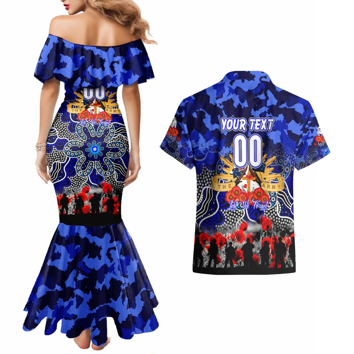 Personalized Bulldogs ANZAC Day Couples Matching Mermaid Dress and Hawaiian Shirt Australian Army - Lest We Forget