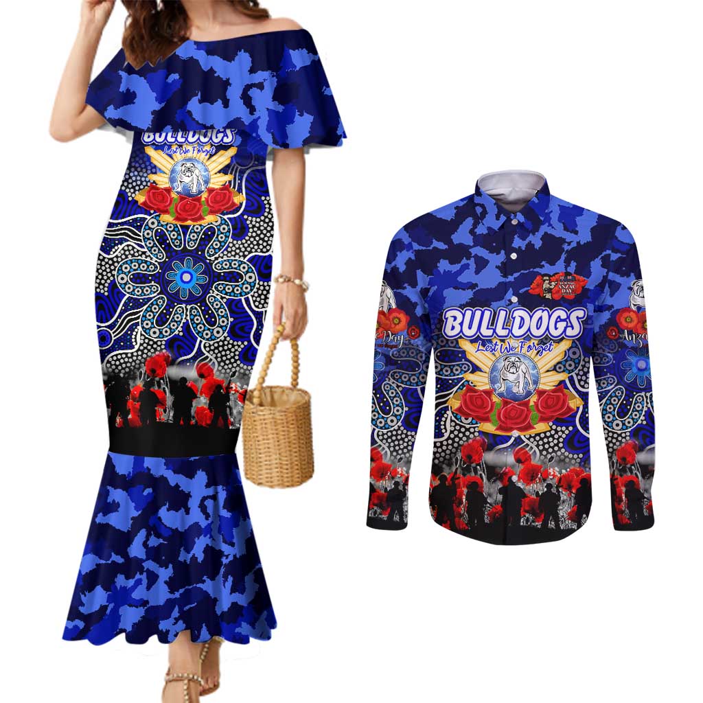 Personalized Bulldogs ANZAC Day Couples Matching Mermaid Dress and Long Sleeve Button Shirt Australian Army - Lest We Forget