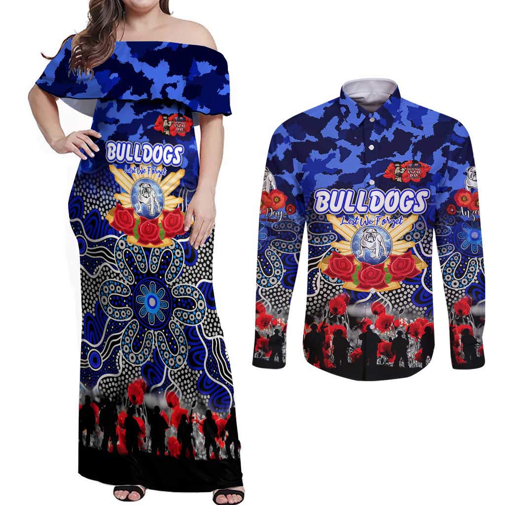 Personalized Bulldogs ANZAC Day Couples Matching Off Shoulder Maxi Dress and Long Sleeve Button Shirt Australian Army - Lest We Forget