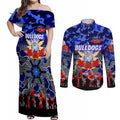 Personalized Bulldogs ANZAC Day Couples Matching Off Shoulder Maxi Dress and Long Sleeve Button Shirt Australian Army - Lest We Forget