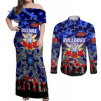 Personalized Bulldogs ANZAC Day Couples Matching Off Shoulder Maxi Dress and Long Sleeve Button Shirt Australian Army - Lest We Forget