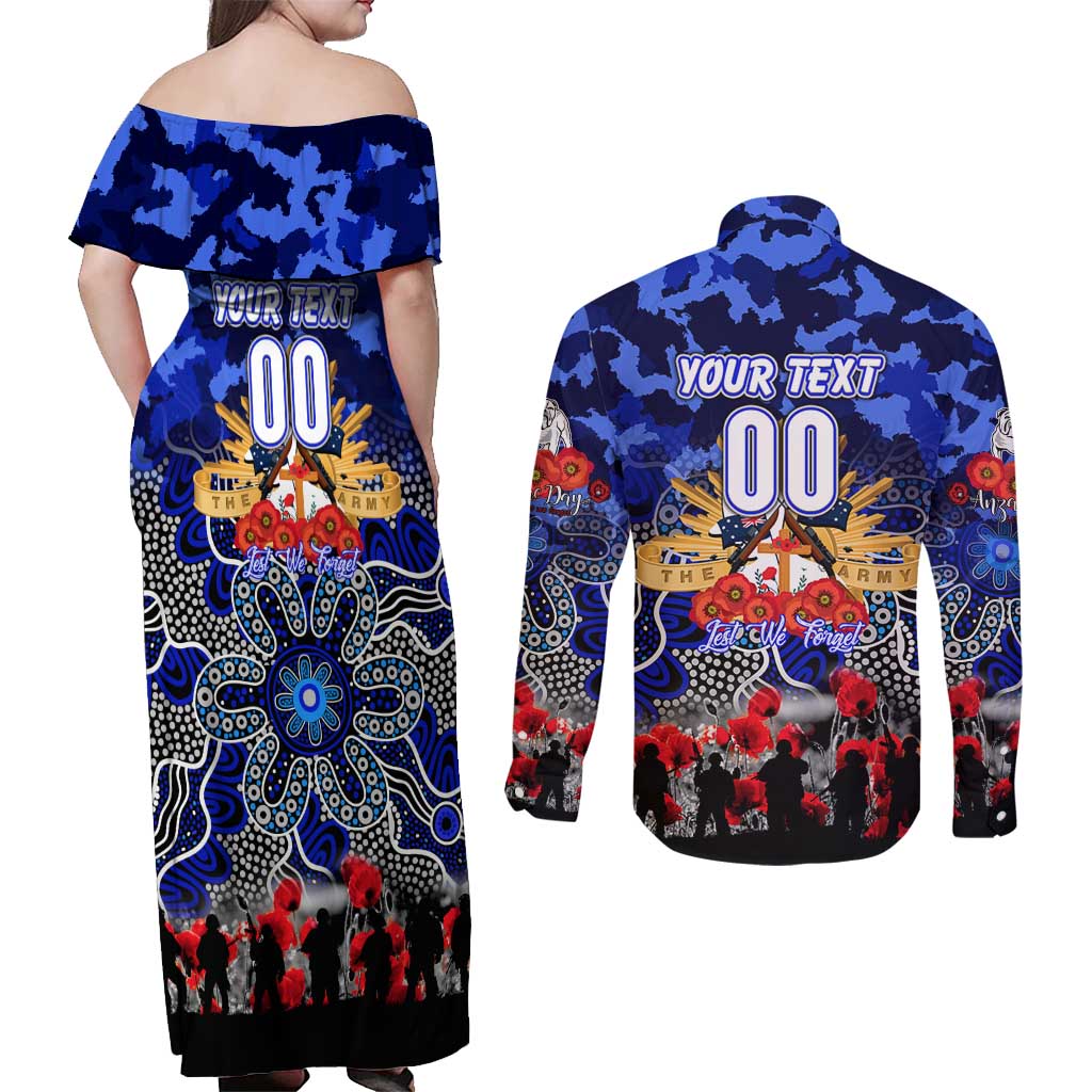Personalized Bulldogs ANZAC Day Couples Matching Off Shoulder Maxi Dress and Long Sleeve Button Shirt Australian Army - Lest We Forget