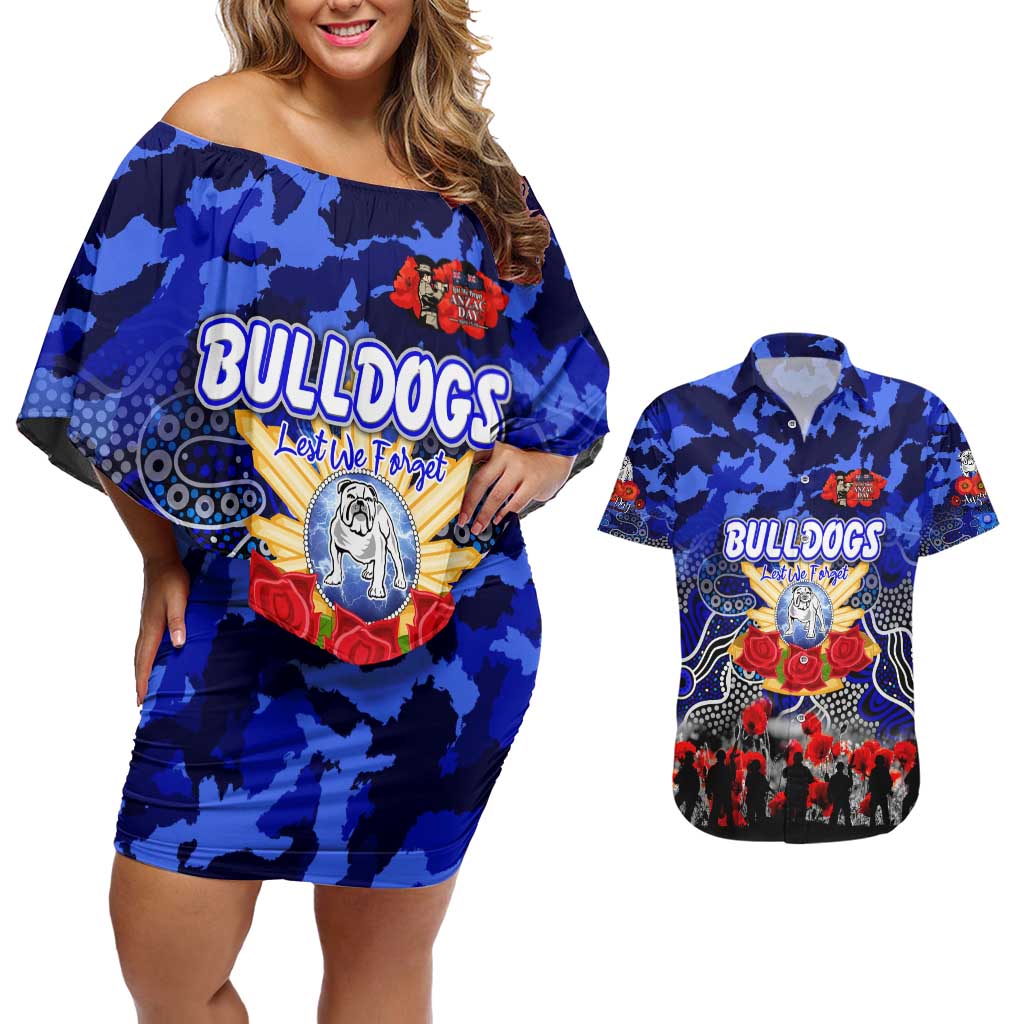 Personalized Bulldogs ANZAC Day Couples Matching Off Shoulder Short Dress and Hawaiian Shirt Australian Army - Lest We Forget