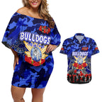 Personalized Bulldogs ANZAC Day Couples Matching Off Shoulder Short Dress and Hawaiian Shirt Australian Army - Lest We Forget