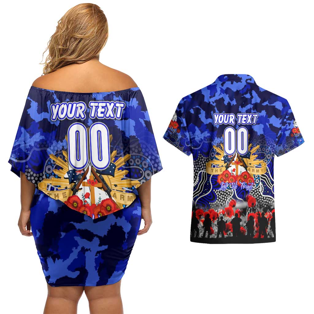 Personalized Bulldogs ANZAC Day Couples Matching Off Shoulder Short Dress and Hawaiian Shirt Australian Army - Lest We Forget