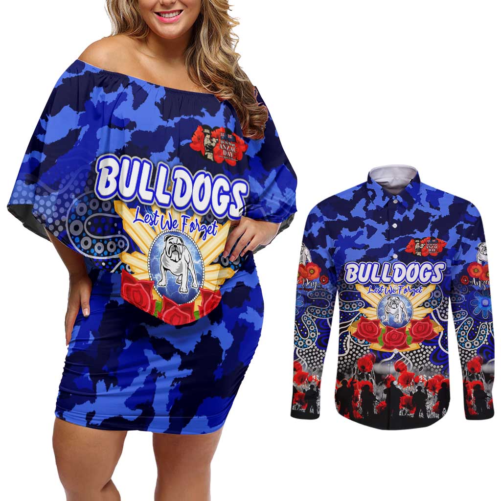 Personalized Bulldogs ANZAC Day Couples Matching Off Shoulder Short Dress and Long Sleeve Button Shirt Australian Army - Lest We Forget